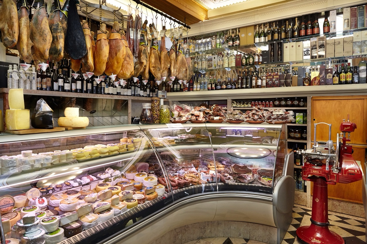 Iberian deli with cured hams, cheeses and wines